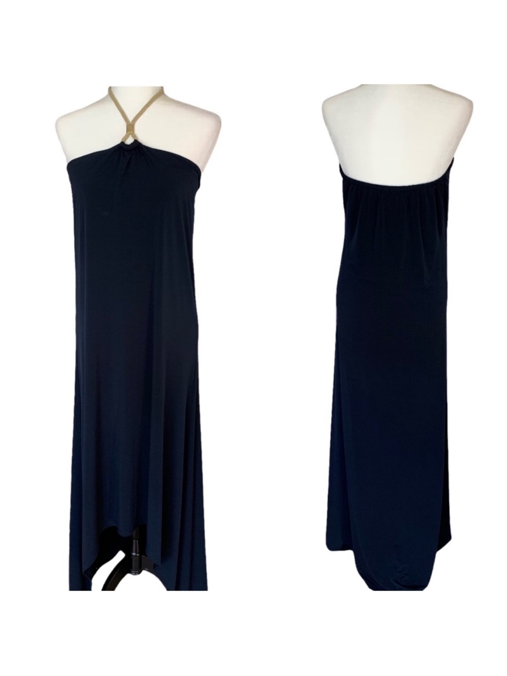 Michael Kors Navy Halter Maxi Dress with Gold Neck Ring